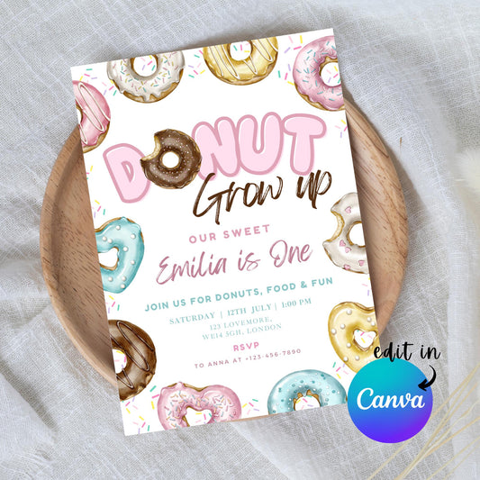 EDITABLE Donut Grow Up Birthday Invitation, Donut Party Birthday, Sweet Candy Party invite, Sweet One Birthday Party Instant Download I0152