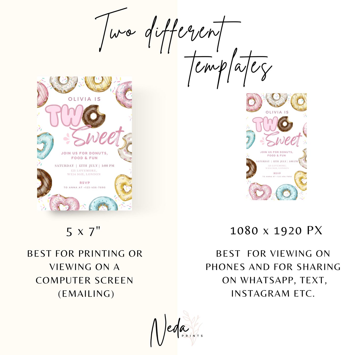 EDITABLE Two Sweet Donut Birthday Invitation, Donut Party Birthday, Sweet Candy Party invite Sweet One Birthday Party Instant Download I0154