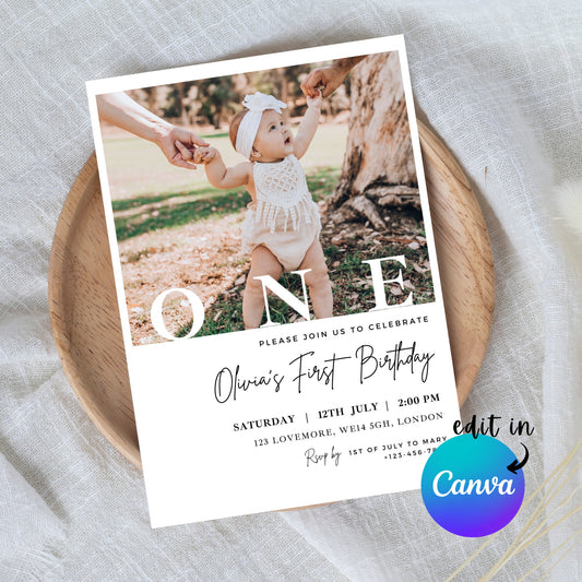 EDITABLE First Second Birthday Photo Invitation, 1st Birthday Invite, Minimal Unisex Birthday Party invite, Instant Download Template I0107