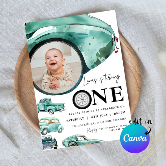 EDITABLE First Second Car Birthday Photo Invitation, 1st Boy Birthday Invite, Minimal Boy Birthday invite, Instant Download Template I0110