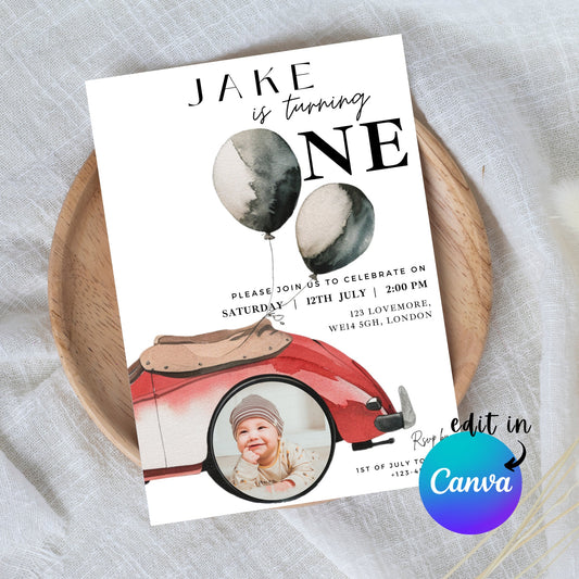 EDITABLE First Second Car Birthday Photo Invitation, 1st Boy Birthday Invite, Minimal Boy Birthday invite, Instant Download Template I0111