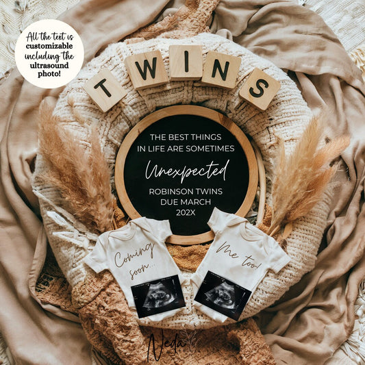 EDITABLE Unexpected Twin Pregnancy Announcement, Twin Baby announcement, Twin Pregnancy Reveal, Announcement, Instant Digital Download, 0458