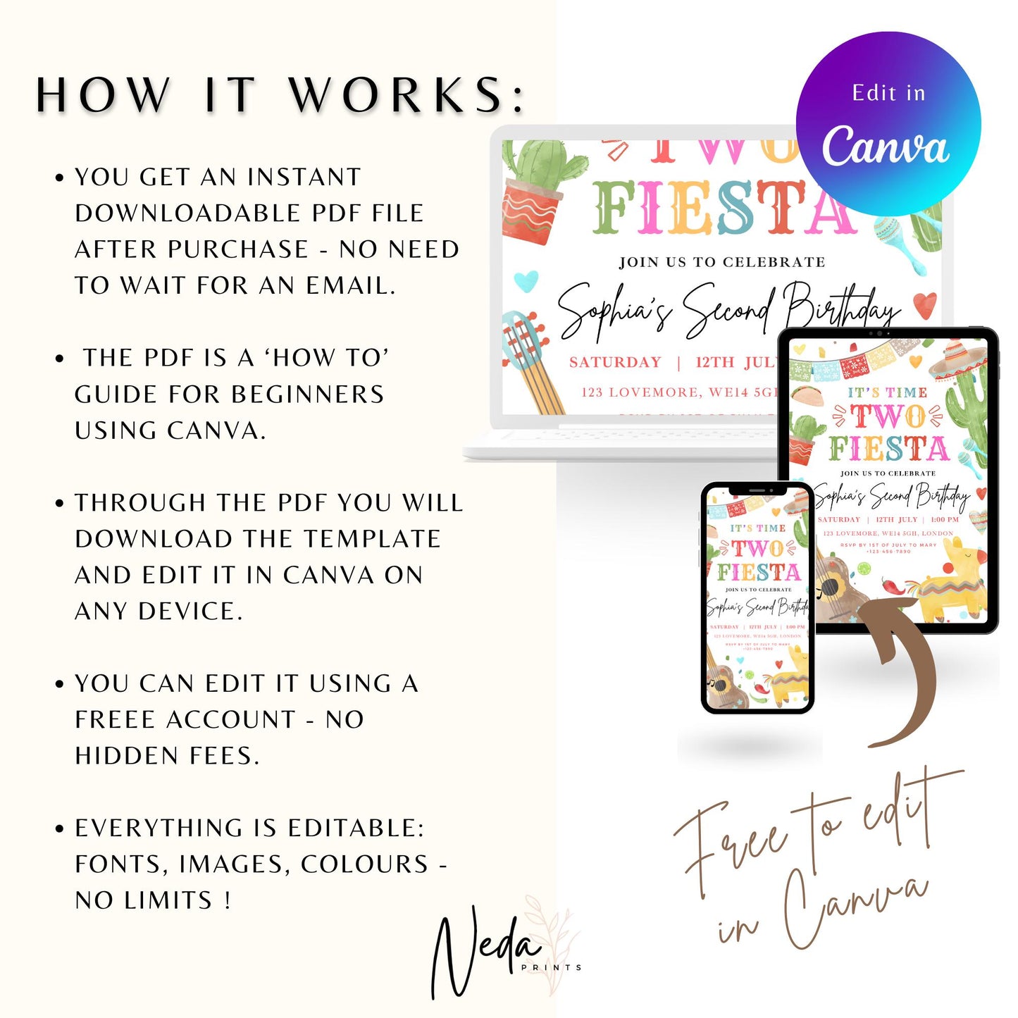 EDITABLE It's Time Two Fiesta Birthday Invitation, 2nd Birthday Invite, Second Mexican birthday party Boy Girl Mexican Cactus Template I0114