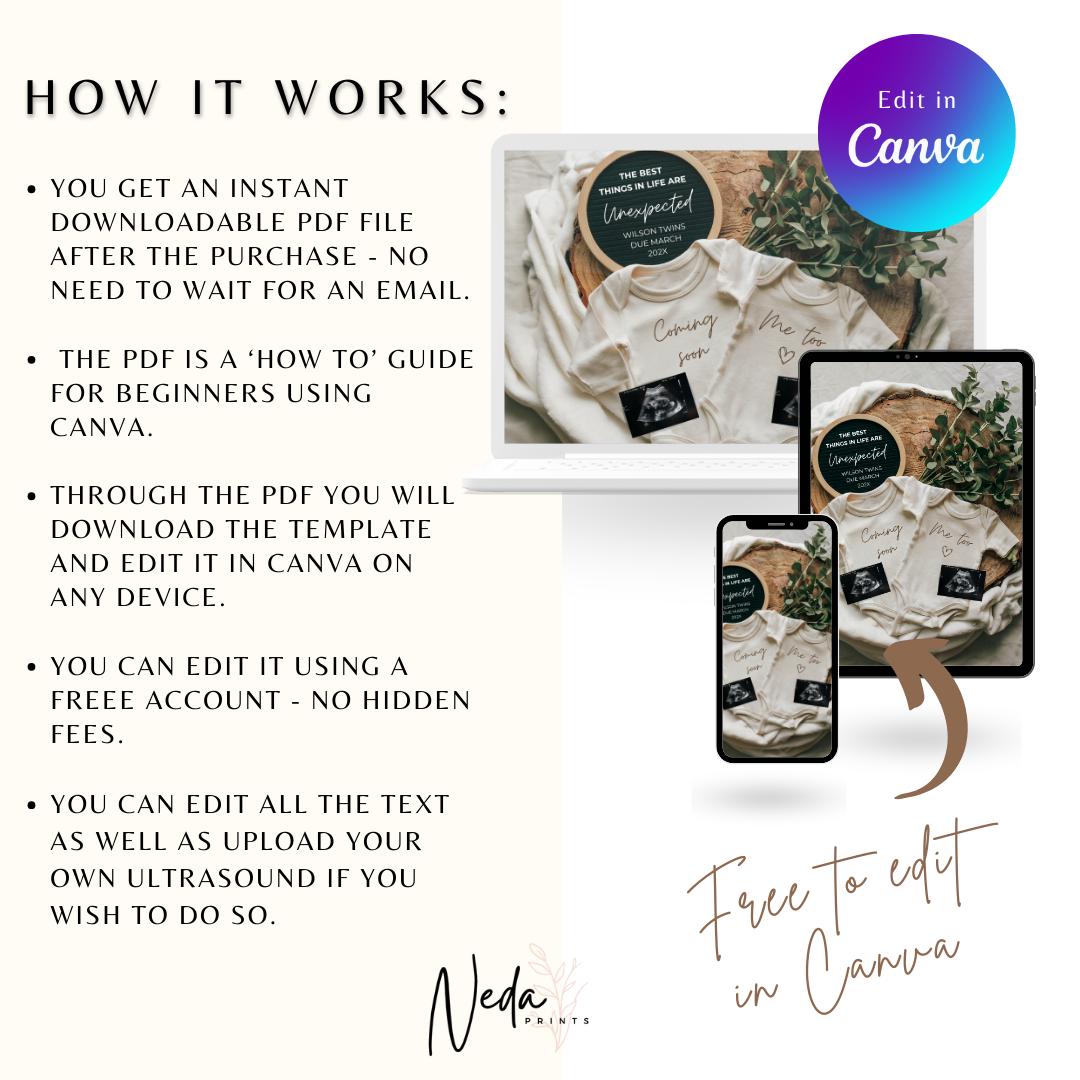 EDITABLE Unexpected Twin Pregnancy Announcement, Twin Baby announcement, Miracle Twin Pregnancy Reveal, Announcement, Digital Download, 0463