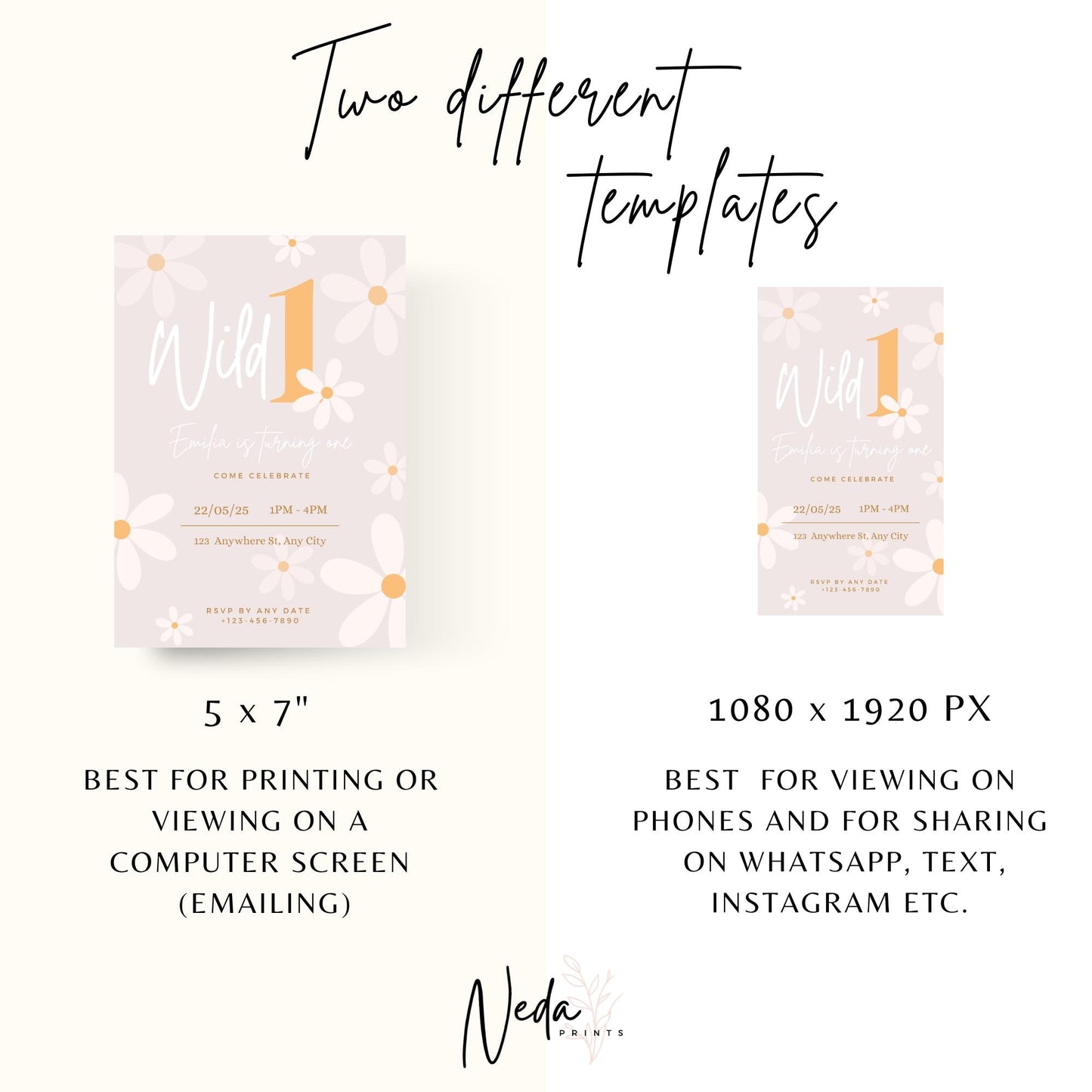 EDITABLE Wild 1 Daisy Birthday Invitation, 1st Birthday Invite Printable template, Daisy Flower Invite, First Birthday Flower Download I0155