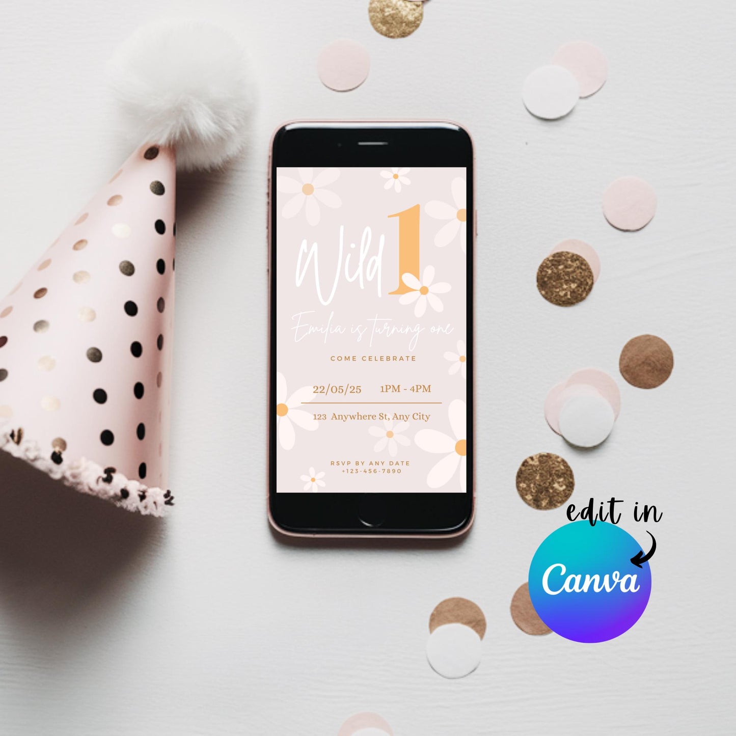 EDITABLE Wild 1 Daisy Birthday Invitation, 1st Birthday Invite Printable template, Daisy Flower Invite, First Birthday Flower Download I0155