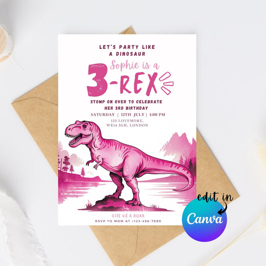 EDITABLE Girl 3 REX Dinosaur Birthday Invitation, T-rex 3rd dinosaur birthday party, Pastel Dinosaur Party Invite, Pink Dino Download I0150