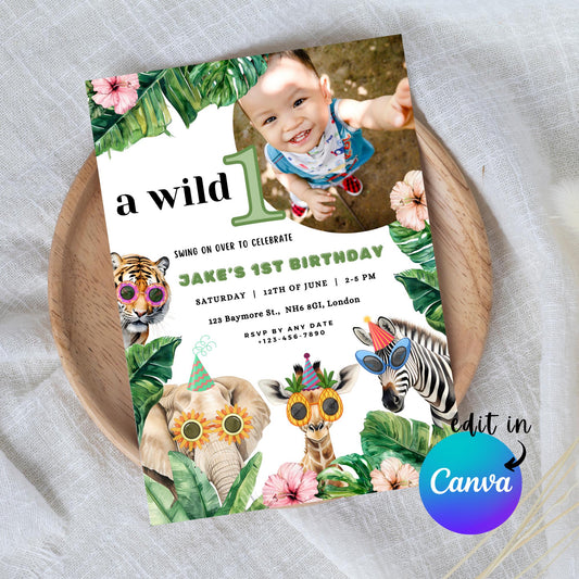 EDITABLE Wild 1 Jungle Birthday Photo Invitation, 1st Boy Birthday Invite, Animal jungle Boy Birthday invite Instant Download Template I0112