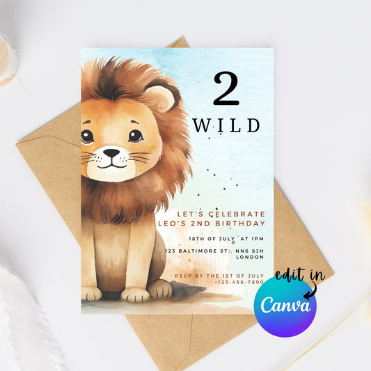 EDITABLE 2 Wild Lion Birthday Invitation, Boy Birthday Invitation, 2 Wild, 1st 2nd Birthday Invite, Jungle animal Printable Download, I0157