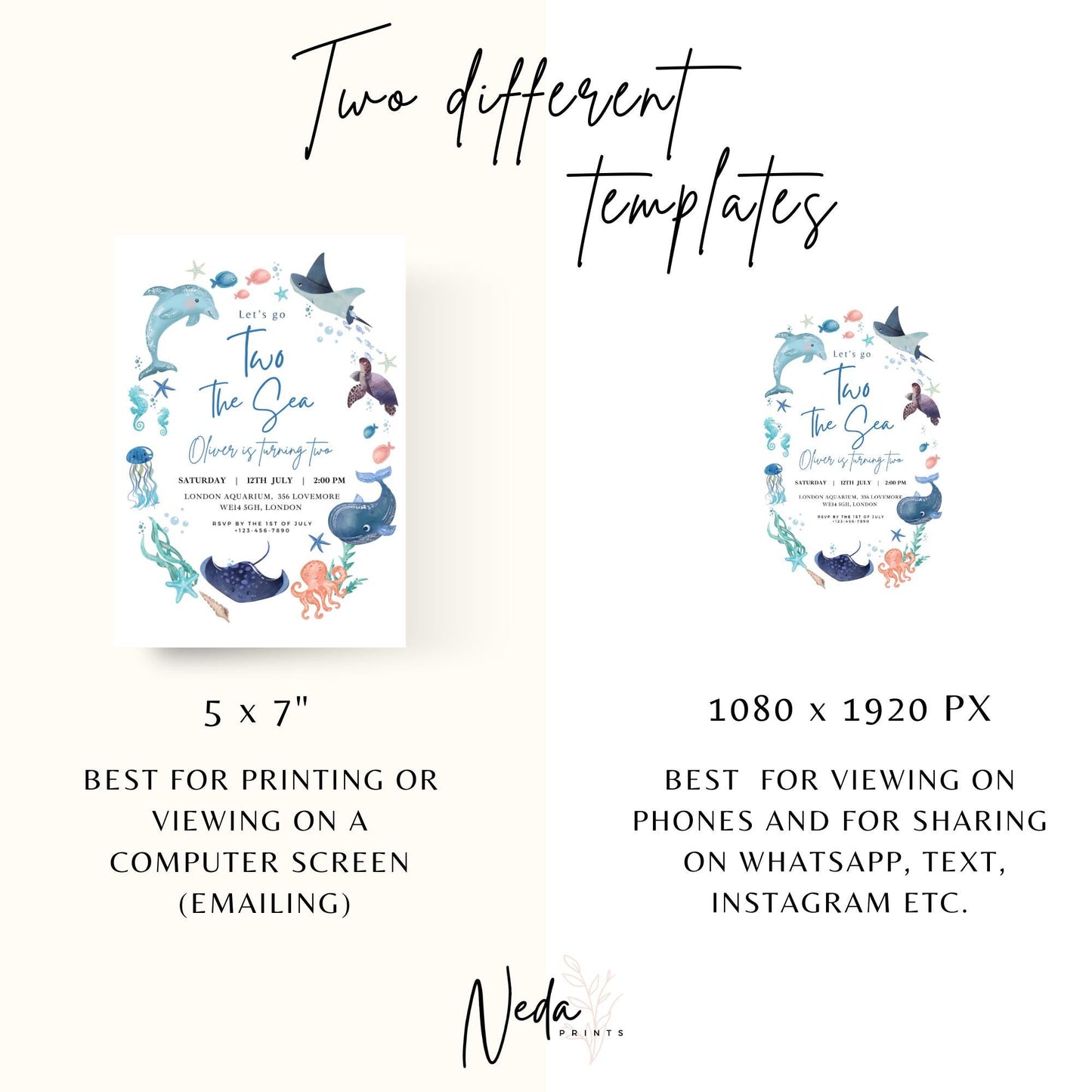 EDITABLE Two the Sea Birthday Invitation, Sea Animal Birthday party, Aquariuam Birthday Invite, Ocean Animals, Boy birthday Download I0125