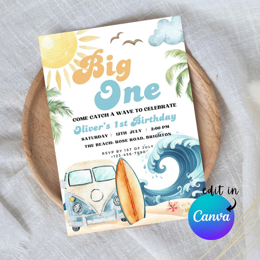 EDITABLE Big One Surfing Birthday Invitation, 1st Birthday Invite, Surf theme birthday, Retro Surf Invitation, Beach Birthday Download I0067