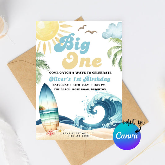 EDITABLE Big One Surfing Birthday Invitation, 1st Birthday Invite, Surf theme birthday, Retro Surf Invitation, Beach Birthday Download I0066