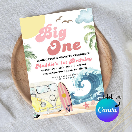 EDITABLE Big One Wave Birthday Invitation, 1st Birthday Invitation Surfing Theme Birthday, Pink Girl Retro Surf Beach Birthday Party, I0068