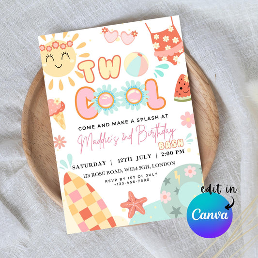 EDITABLE Two Cool Summer Beach Birthday Invitation, 2nd Birthday Invite, Second Pool Party Birthday, Swimming Birthday Party Download I0079