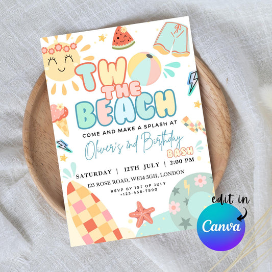 EDITABLE Two The Beach Summer Birthday Invitation, 2nd Boy Birthday Invite Second Pool Party Birthday Swimming Birthday Party Download I0083