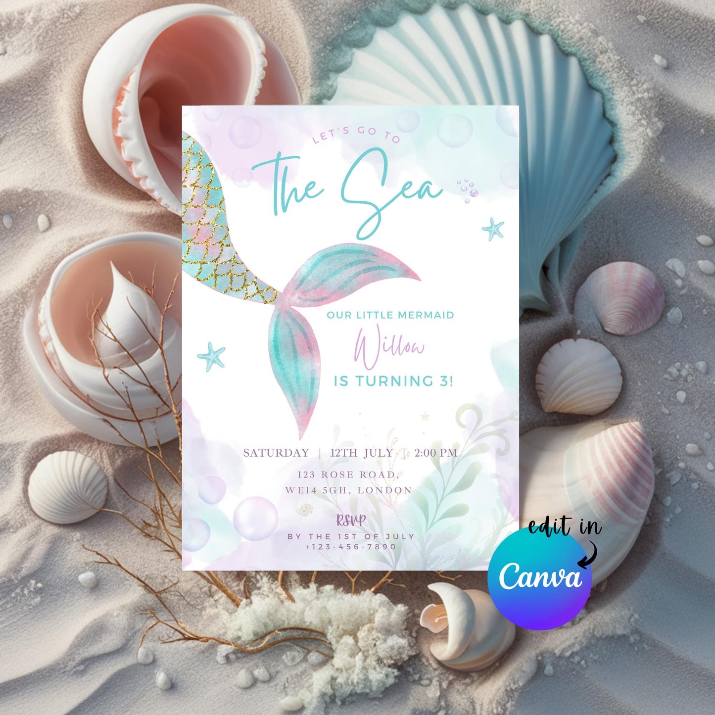 EDITABLE To The Sea Mermaid Birthday Invitation, Mermaid Party, Birthday Girl Invite, Mermaid Tail Mermaid invitation Instant Download I0159