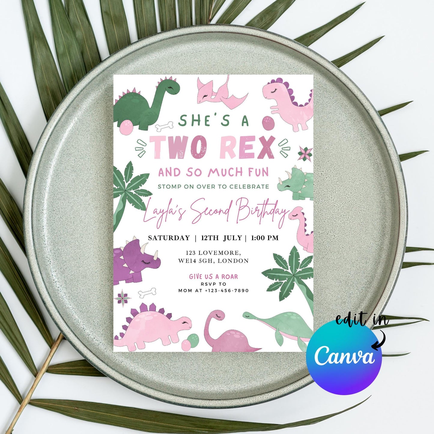 EDITABLE Girl TWO REX Dinosaur Birthday Invitation, 2nd dinosaur birthday party, Pastel Dinosaur Party Invite, Cute Pink Dino Download I0127