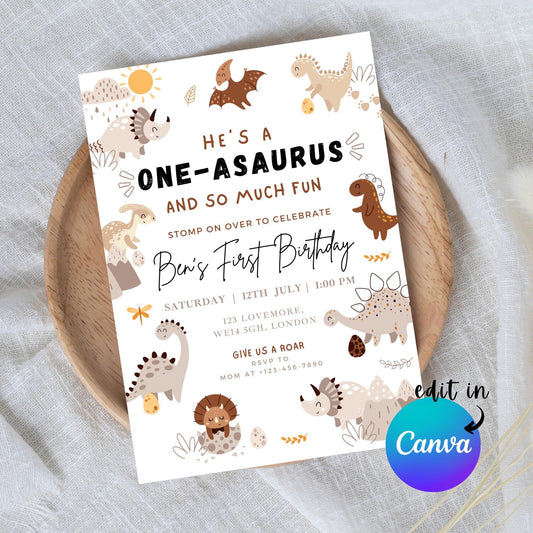 EDITABLE Boy Dinosaur Birthday Invitation, 1st dinosaur birthday party, Boy Oneasaurus Rex Party Invite Cute T-rex Boy Dino Download I0134