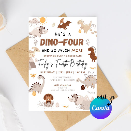 EDITABLE Boy DINO-FOUR Dinosaur Birthday Invitation, 4th dinosaur birthday party Dinosaur Party Invite Fourth dinosaur invite Download I0137
