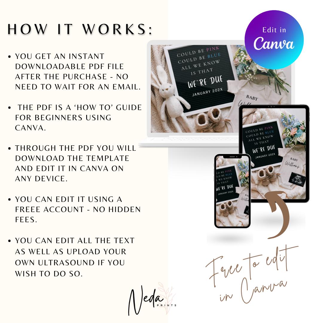 EDITABLE Pregnancy Announcement Digital, Baby announcement, Pregnancy Reveal, Customizable Announcement Gender reveal Instant Download, 0481