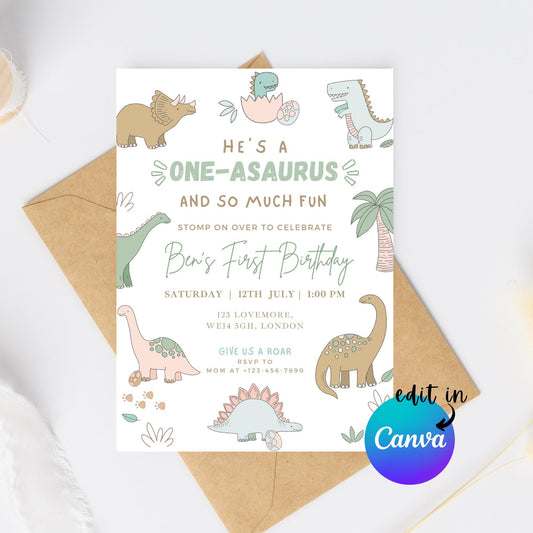 EDITABLE Boy Dinosaur Birthday Invitation, 1st dinosaur birthday party, Boy Oneasaurus Rex Party Invite Cute T-rex Boy Dino Download I0141