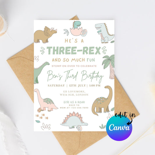 EDITABLE Boy THREE REX Dinosaur Birthday Invitation, 3rd dinosaur birthday party, T-rex Dinosaur Party Invite, Three rex Dino Download I0143