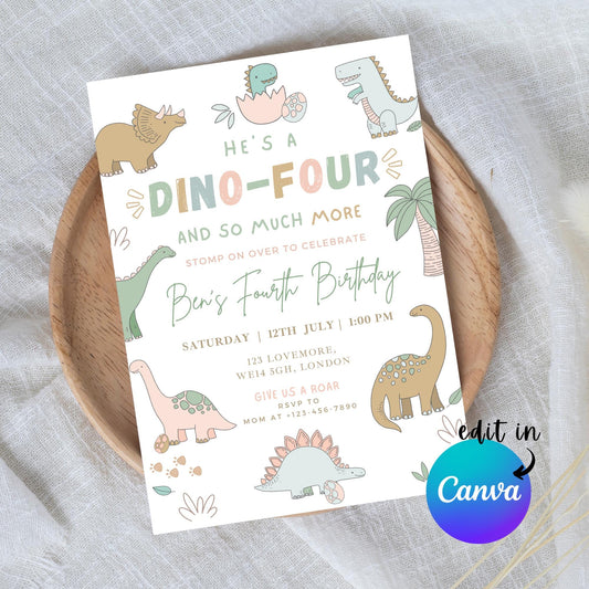 EDITABLE Boy DINO-FOUR Dinosaur Birthday Invitation, 4th dinosaur birthday party Dinosaur Party Invite Fourth dinosaur invite Download I0144