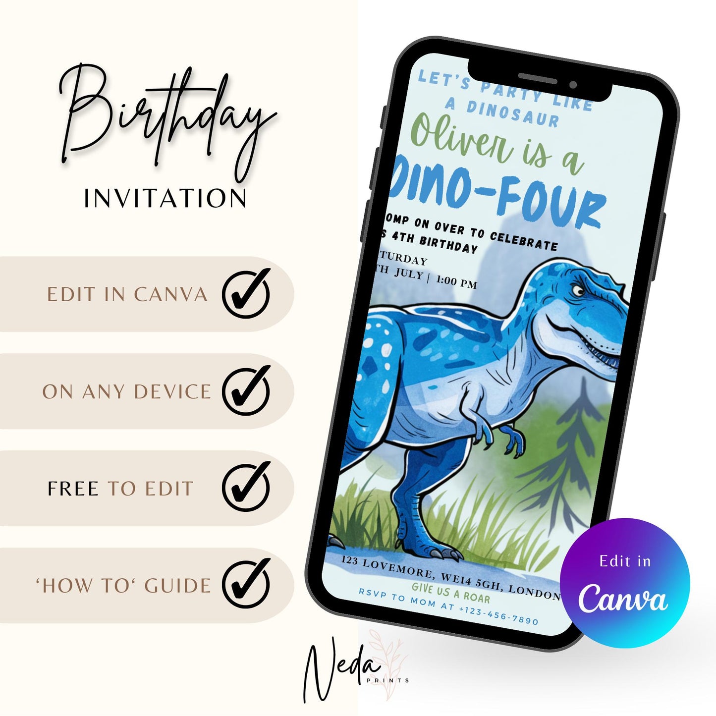 EDITABLE Boy DINO-FOUR Dinosaur Birthday Invitation, 4th dinosaur birthday party Dinosaur Party Invite Fourth dinosaur invite Download I0149