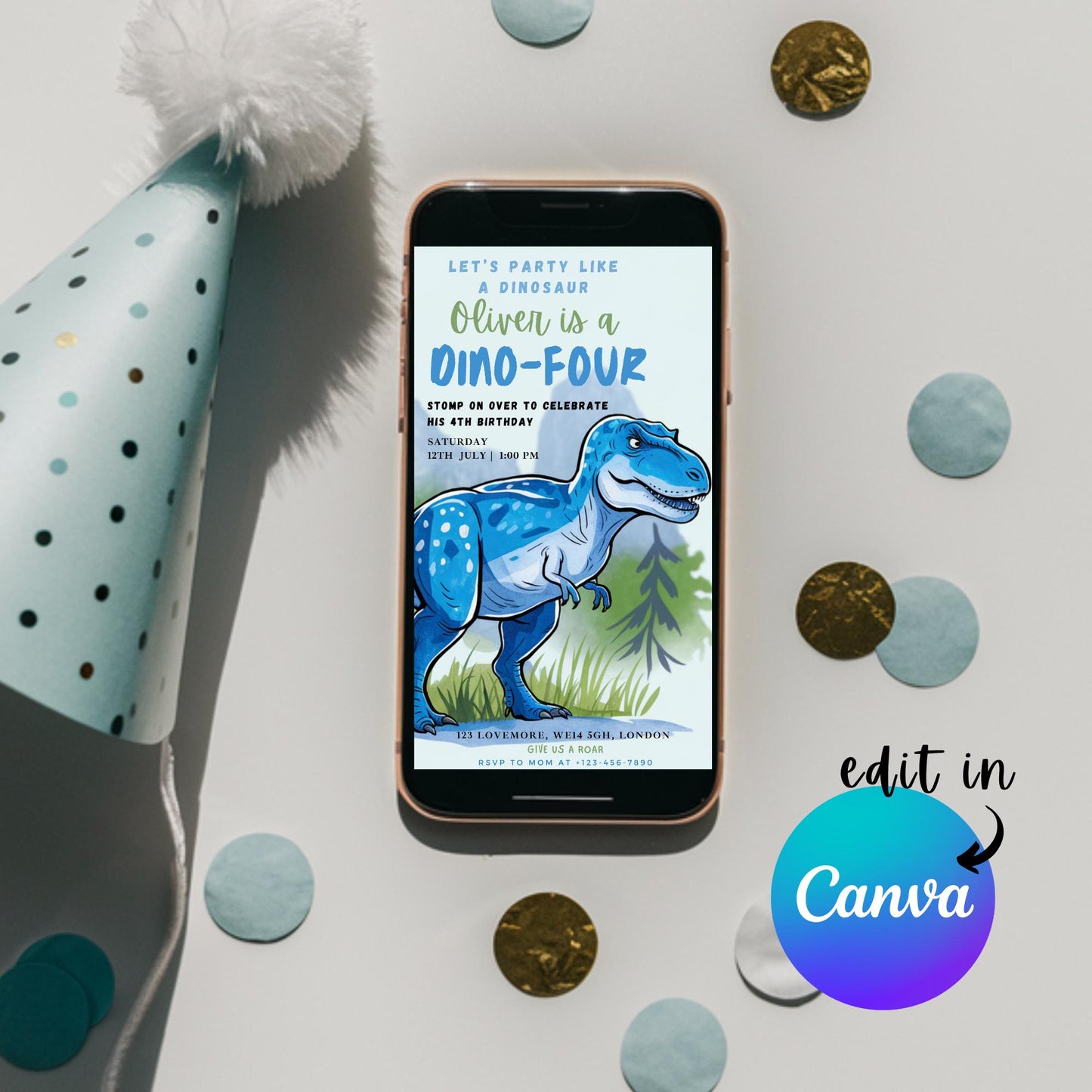 EDITABLE Boy DINO-FOUR Dinosaur Birthday Invitation, 4th dinosaur birthday party Dinosaur Party Invite Fourth dinosaur invite Download I0149