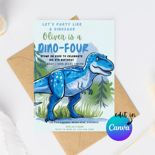 EDITABLE Boy DINO-FOUR Dinosaur Birthday Invitation, 4th dinosaur birthday party Dinosaur Party Invite Fourth dinosaur invite Download I0149