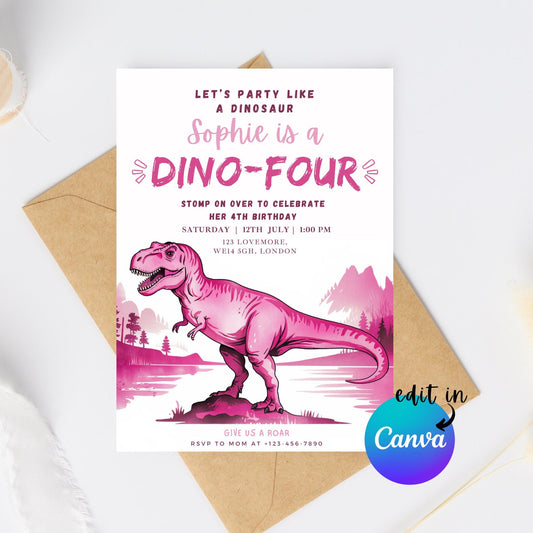 EDITABLE Girl DINO-FOUR Dinosaur Birthday Invitation, 4th dinosaur birthday party Pastel Dinosaur Party Invite Cute Pink Dino Download I0151