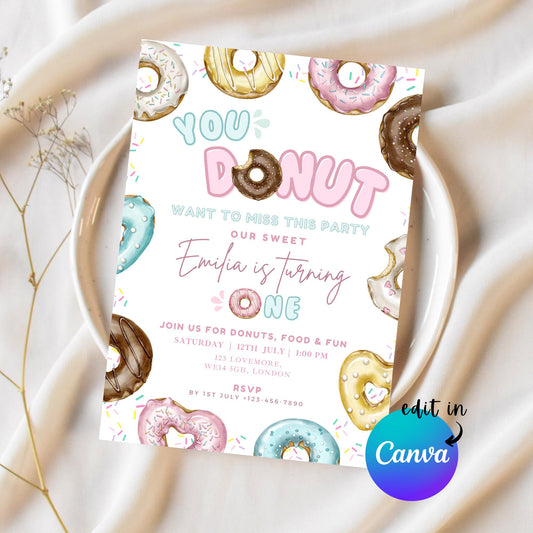 EDITABLE Donut Birthday Invitation, Donut Party Birthday, Sweet Candy Party invite Sweet One Birthday Party Two Sweet Instant Download I0153