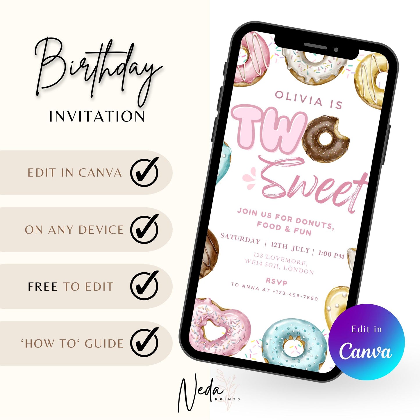 EDITABLE Two Sweet Donut Birthday Invitation, Donut Party Birthday, Sweet Candy Party invite Sweet One Birthday Party Instant Download I0154