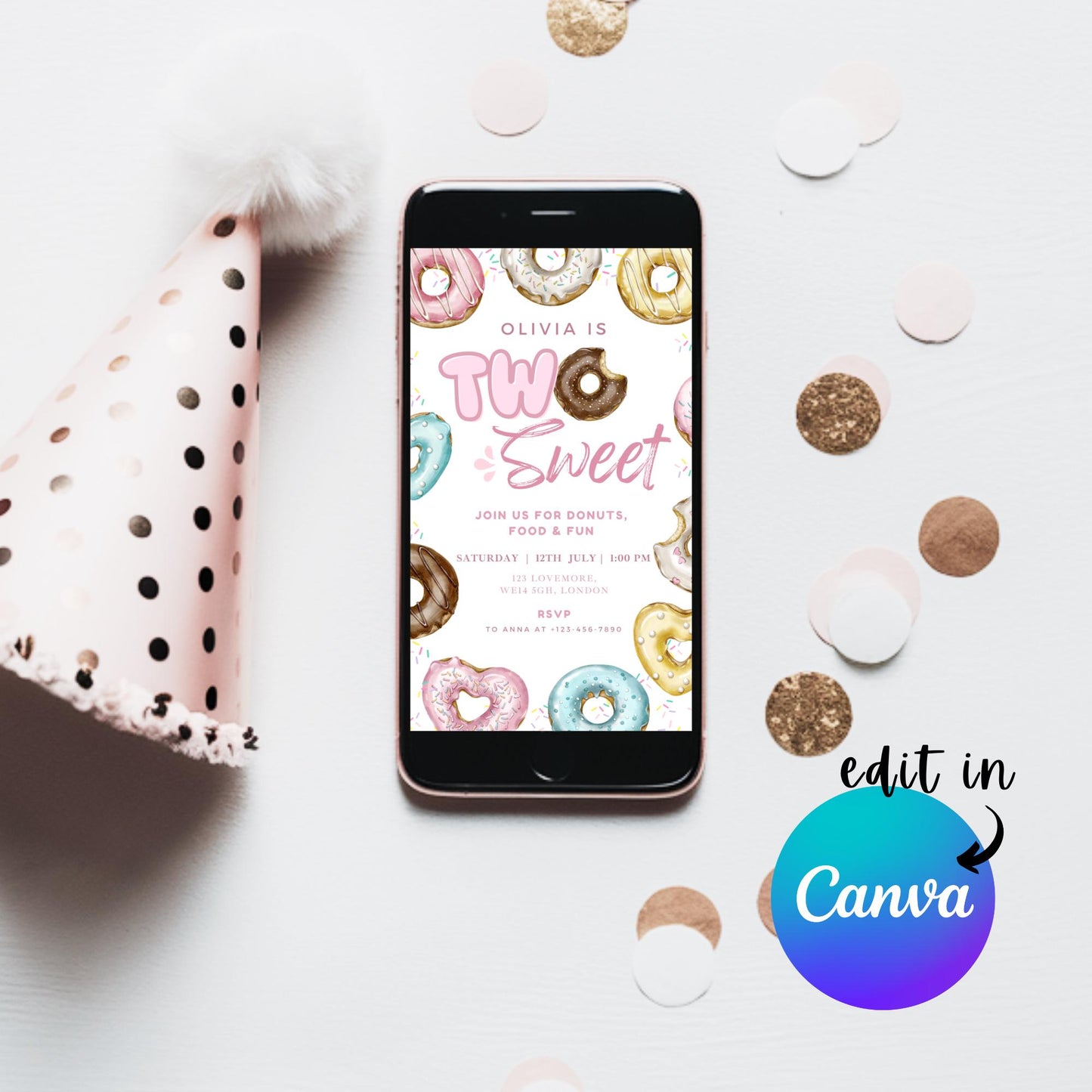 EDITABLE Two Sweet Donut Birthday Invitation, Donut Party Birthday, Sweet Candy Party invite Sweet One Birthday Party Instant Download I0154