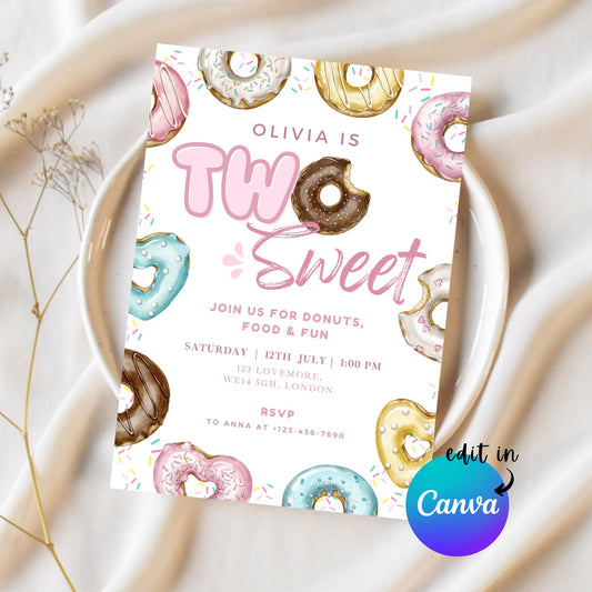 EDITABLE Two Sweet Donut Birthday Invitation, Donut Party Birthday, Sweet Candy Party invite Sweet One Birthday Party Instant Download I0154