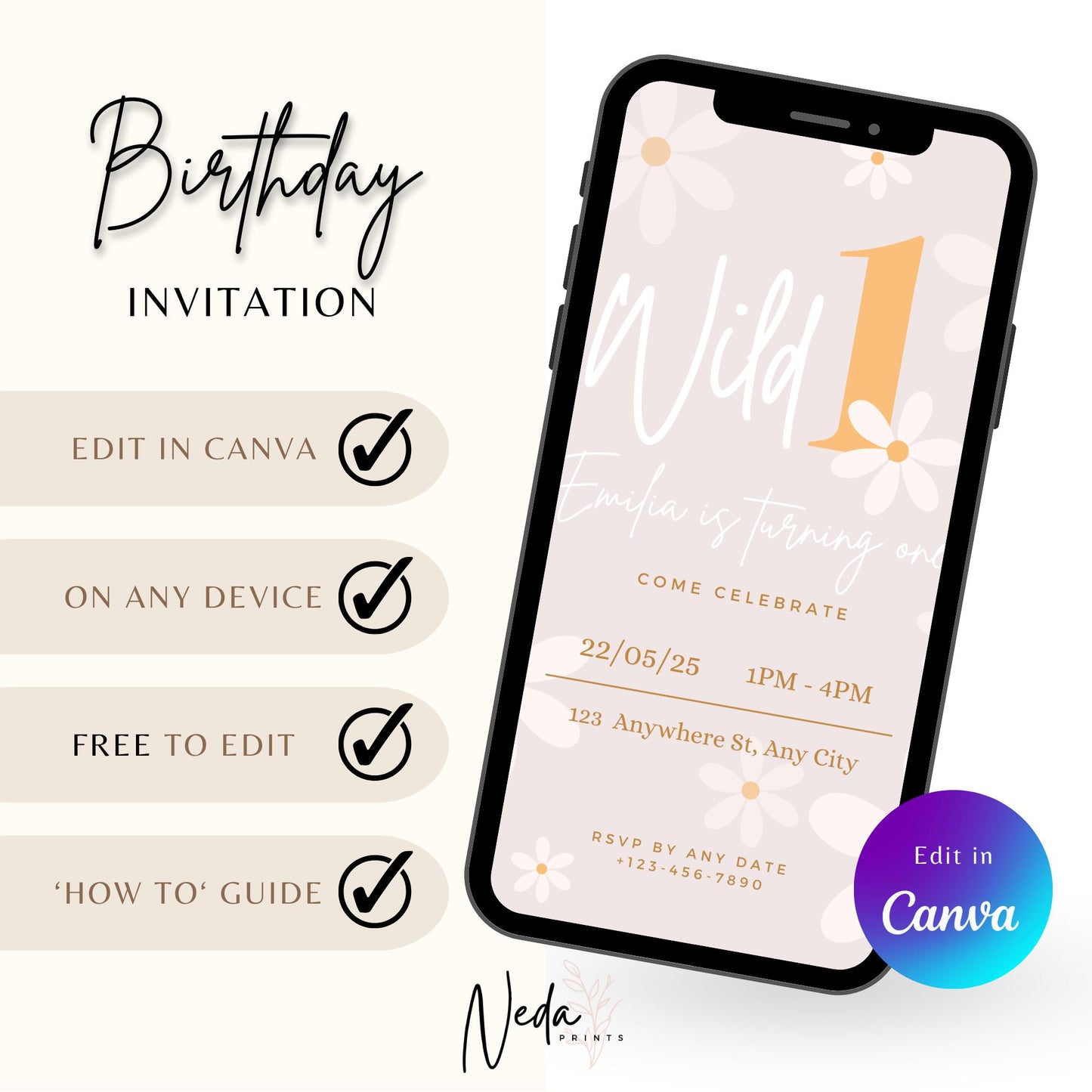 EDITABLE Wild 1 Daisy Birthday Invitation, 1st Birthday Invite Printable template, Daisy Flower Invite, First Birthday Flower Download I0155