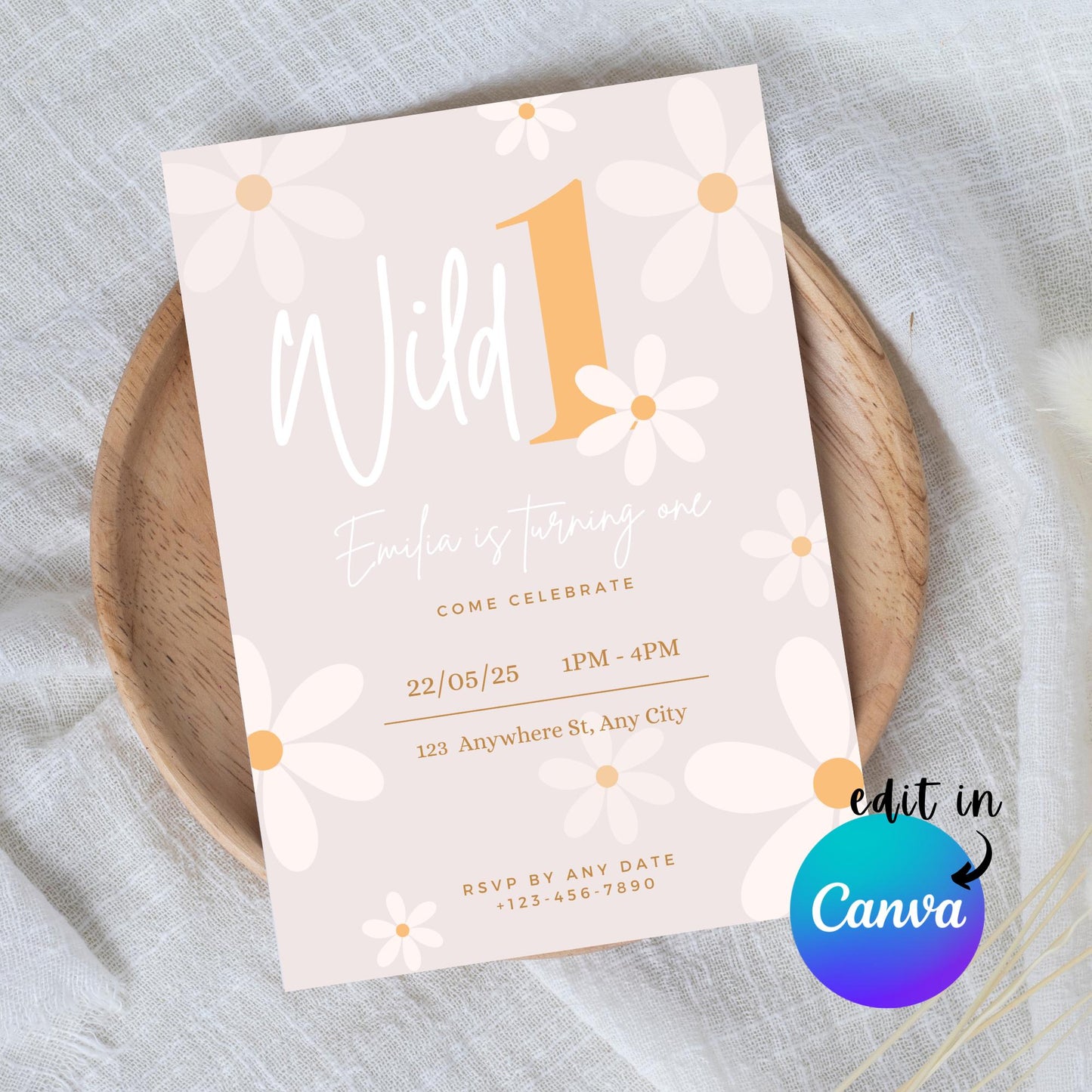 EDITABLE Wild 1 Daisy Birthday Invitation, 1st Birthday Invite Printable template, Daisy Flower Invite, First Birthday Flower Download I0155