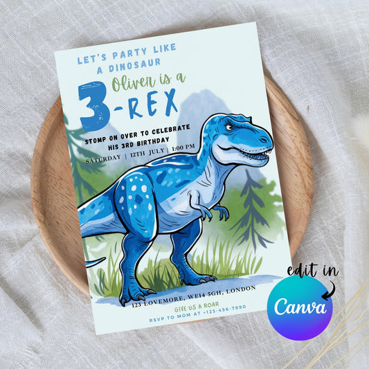 EDITABLE Boy 3 REX Dinosaur Birthday Invitation, 3rd dinosaur birthday party, Third T-rex Dinosaur Party Invite, 3 rex Dino Download I0148