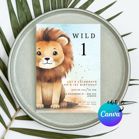 EDITABLE Wild 1 Lion Birthday Invitation, Boy Birthday Invitation, Wild 1st 2nd Birthday Invite, Wild animal jungle, Instant Download I0156