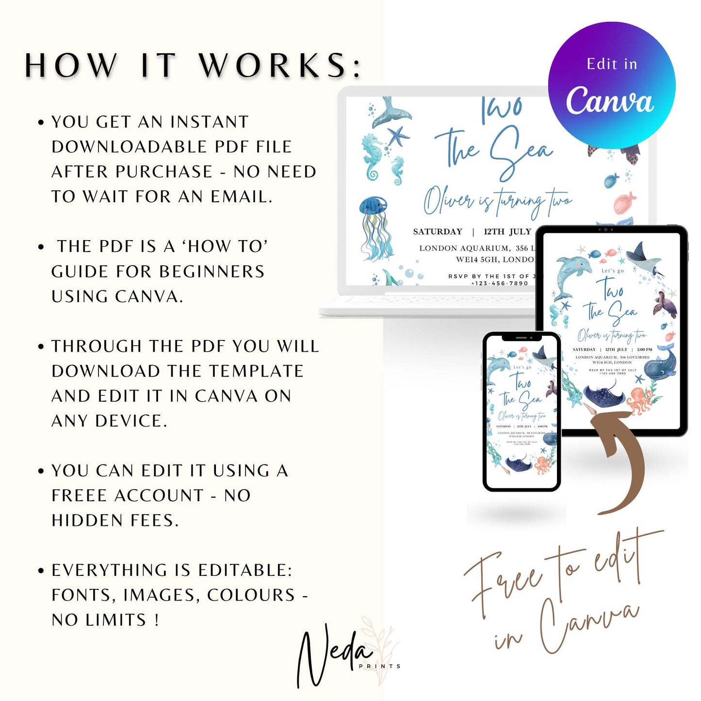 EDITABLE Two the Sea Birthday Invitation, Sea Animal Birthday party, Aquariuam Birthday Invite, Ocean Animals, Boy birthday Download I0125