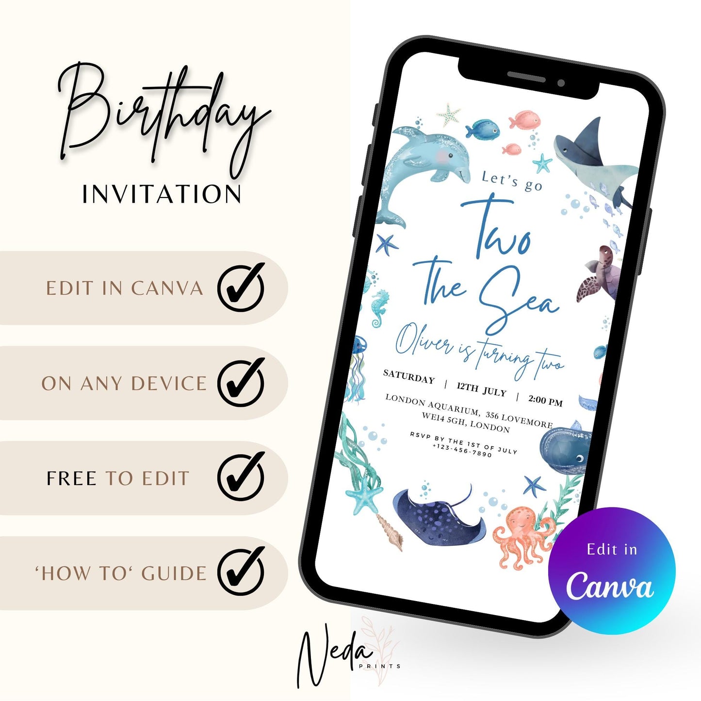 EDITABLE Two the Sea Birthday Invitation, Sea Animal Birthday party, Aquariuam Birthday Invite, Ocean Animals, Boy birthday Download I0125