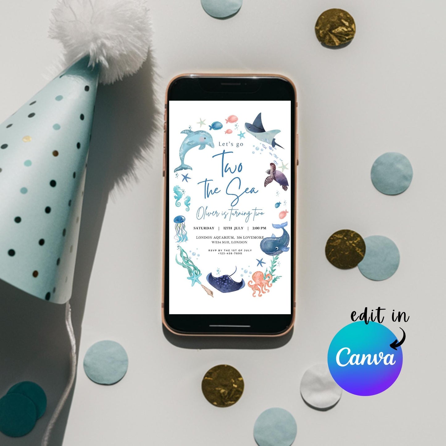 EDITABLE Two the Sea Birthday Invitation, Sea Animal Birthday party, Aquariuam Birthday Invite, Ocean Animals, Boy birthday Download I0125