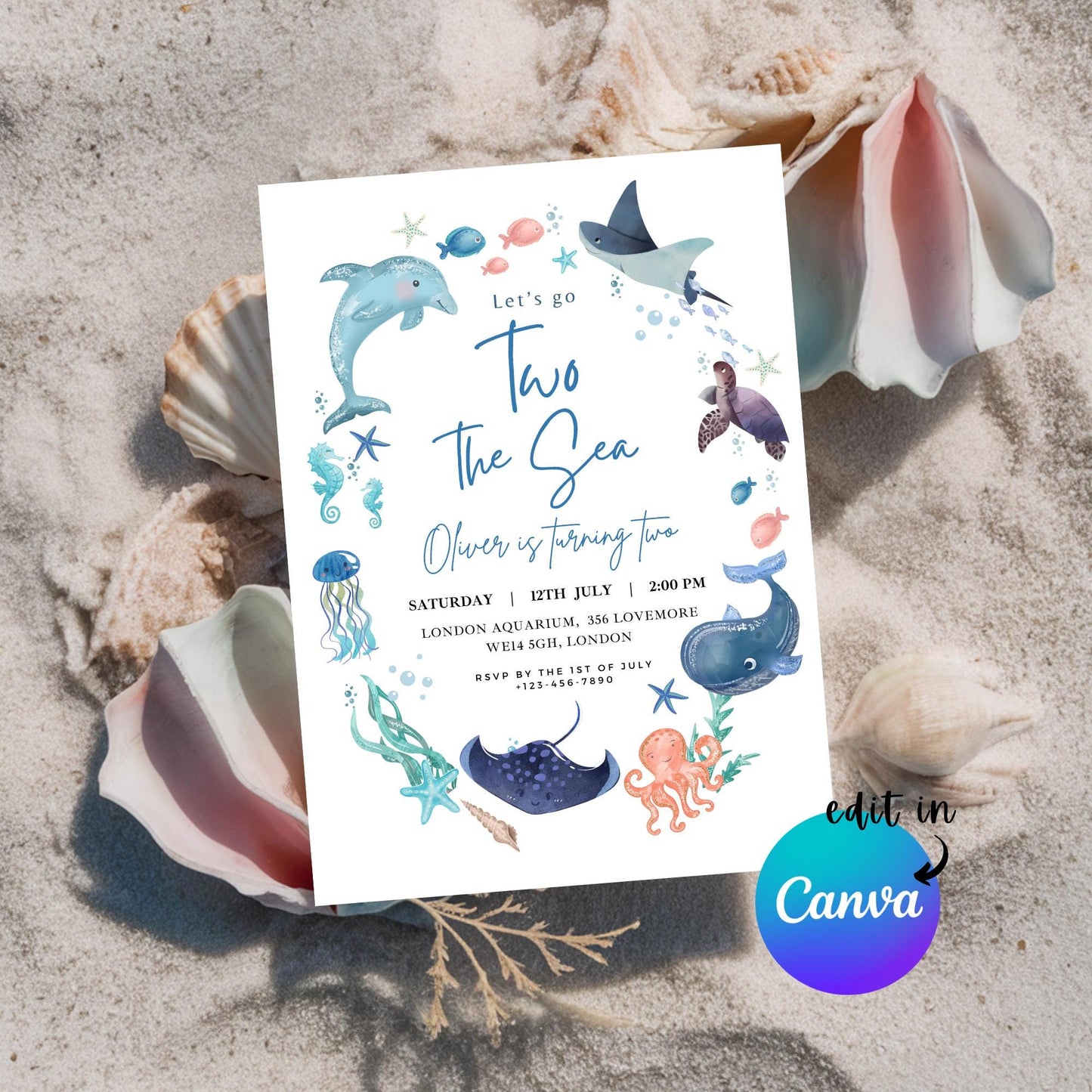 EDITABLE Two the Sea Birthday Invitation, Sea Animal Birthday party, Aquariuam Birthday Invite, Ocean Animals, Boy birthday Download I0125