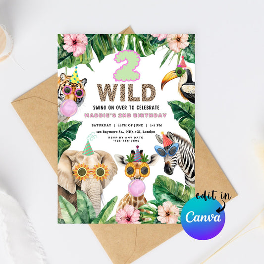 EDITABLE 2 Wild Birthday Invitation 2nd Birthday, Safari Birthday Invitation Animal invite Jungle Birthday invitation Instant Download I0011