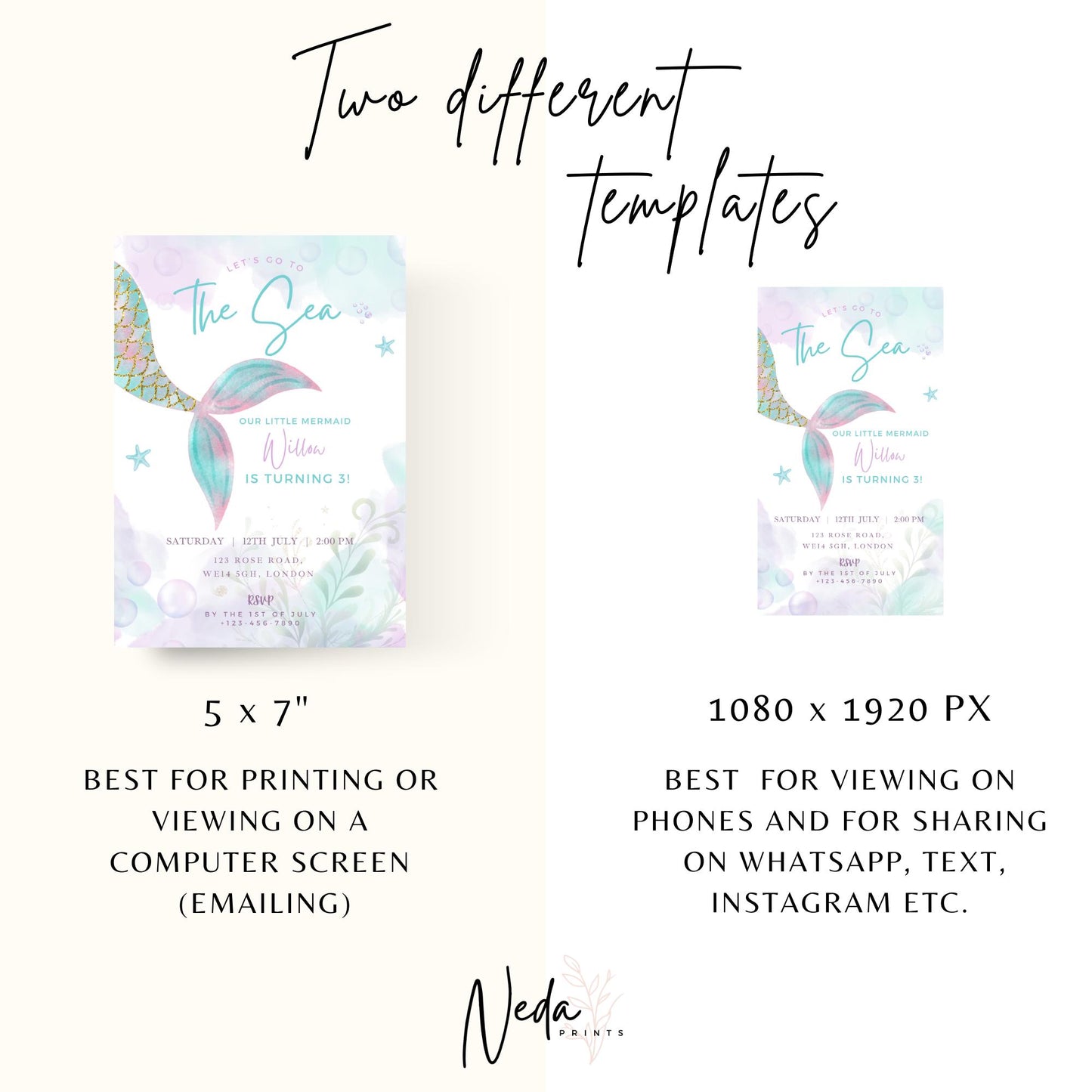 EDITABLE To The Sea Mermaid Birthday Invitation, Mermaid Party, Birthday Girl Invite, Mermaid Tail Mermaid invitation Instant Download I0159