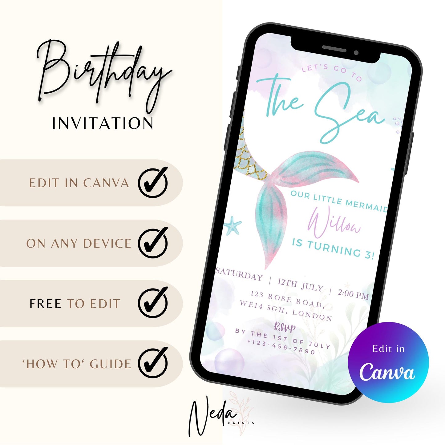 EDITABLE To The Sea Mermaid Birthday Invitation, Mermaid Party, Birthday Girl Invite, Mermaid Tail Mermaid invitation Instant Download I0159