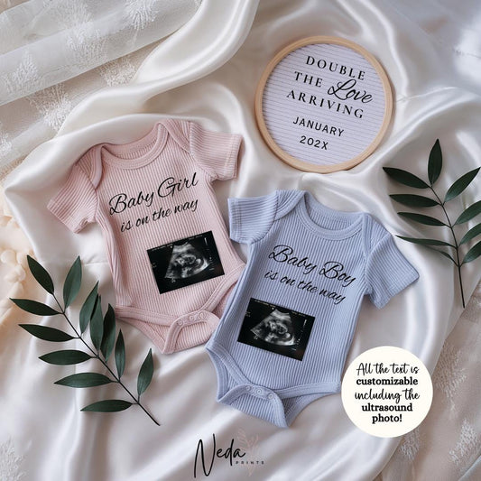 EDITABLE Boy and Girl Twin Pregnancy Announcement, Twin Gender Reveal, Twin Baby announcement, Twin Pregnancy Reveal, Digital Download, 0492