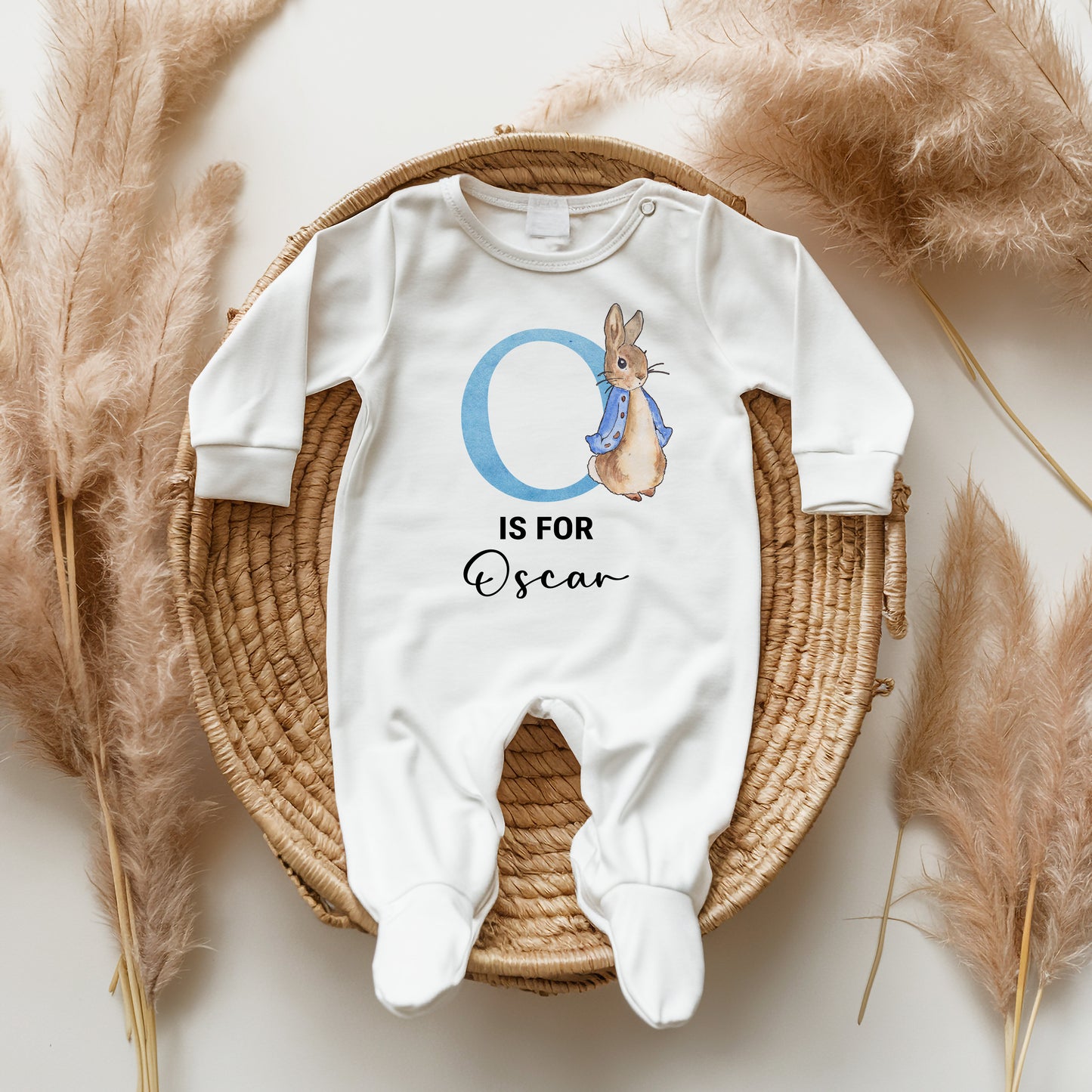 Personalised Blue Rabbit Sleepsuit, Custom Initial Babygrow