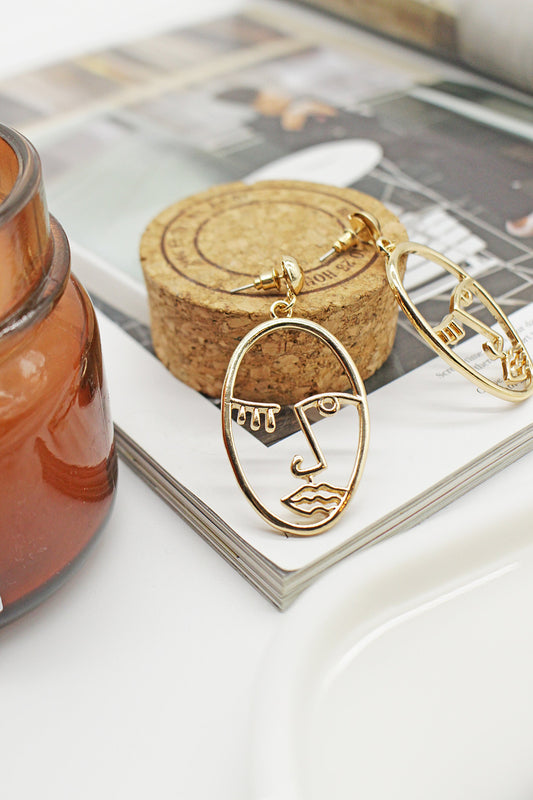 Gold Abstract Face Earrings, Line Drawing Face