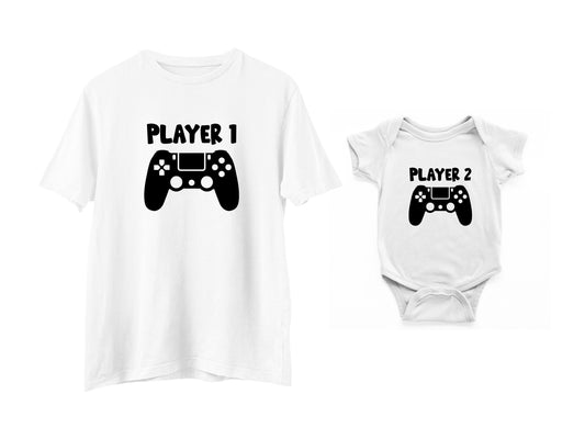 Player 1 Player 2 T-Shirt, Dad and Baby Matching Shirts